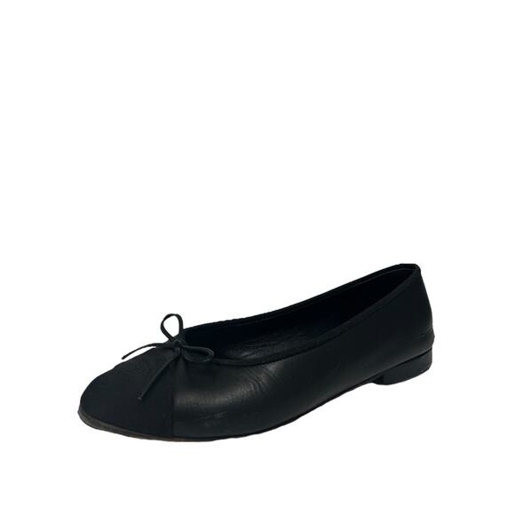 CHANEL Black Leather Grosgrain Cap Toe CC Logo Bow Ballet Flats Size 37.5 US 7.5 - Picture 3 of 11